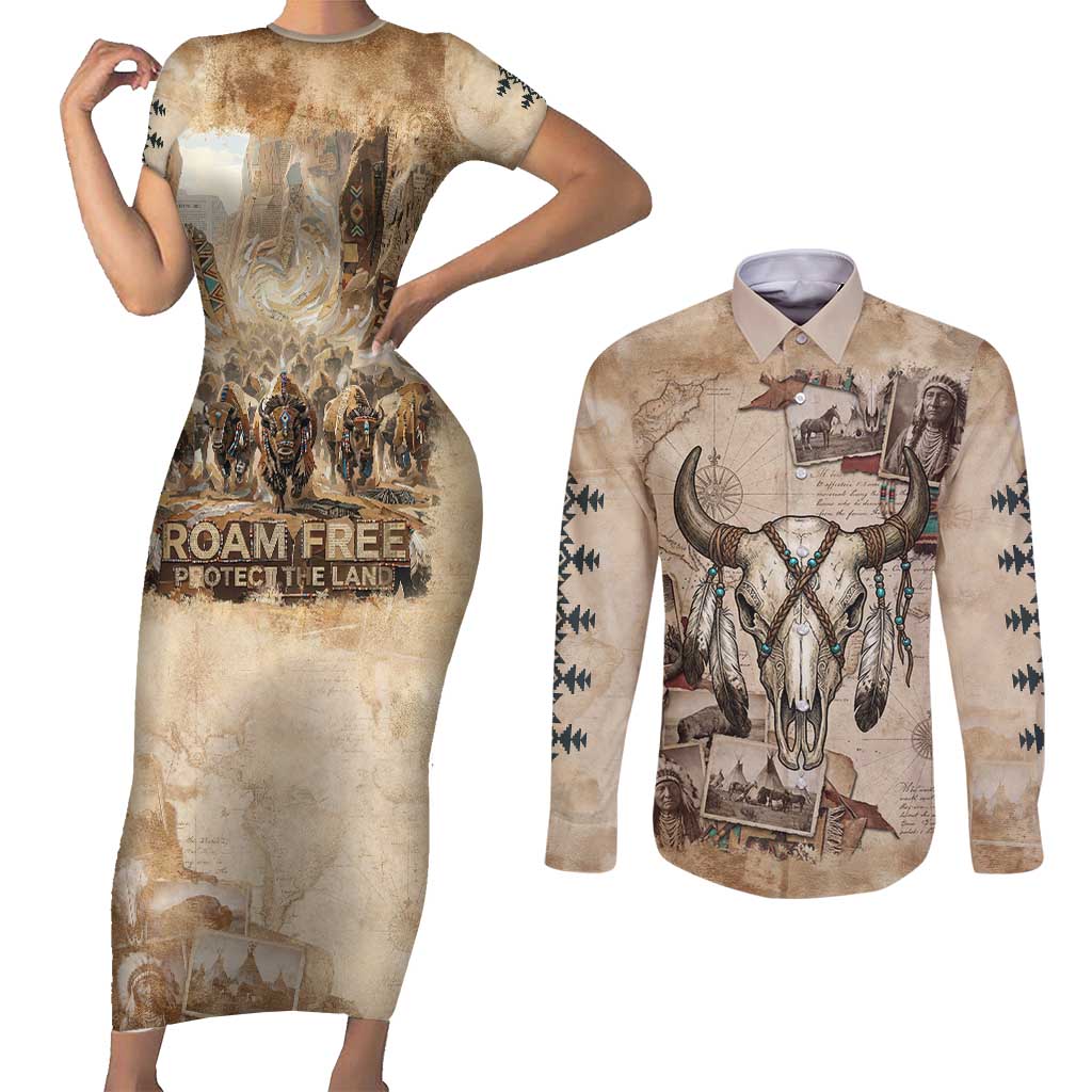 Buffalo Skull Couples Matching Short Sleeve Bodycon Dress and Long Sleeve Button Shirt Feathers Tribal Map and Historical Indigenous Native American Heritage Bison - Wonder Print Shop