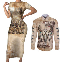 Buffalo Skull Couples Matching Short Sleeve Bodycon Dress and Long Sleeve Button Shirt Feathers Tribal Map and Historical Indigenous Native American Heritage Bison - Wonder Print Shop