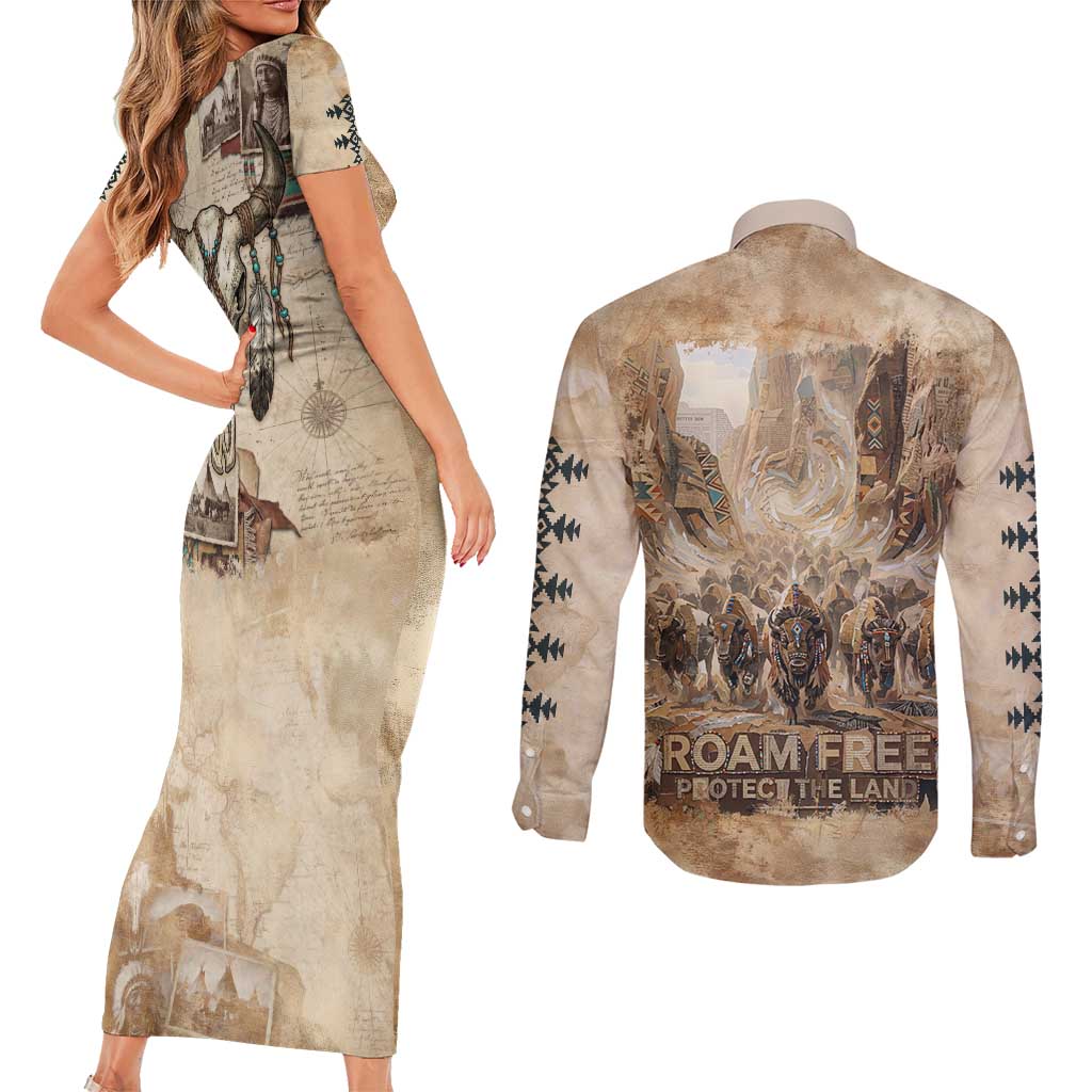 Buffalo Skull Couples Matching Short Sleeve Bodycon Dress and Long Sleeve Button Shirt Feathers Tribal Map and Historical Indigenous Native American Heritage Bison - Wonder Print Shop