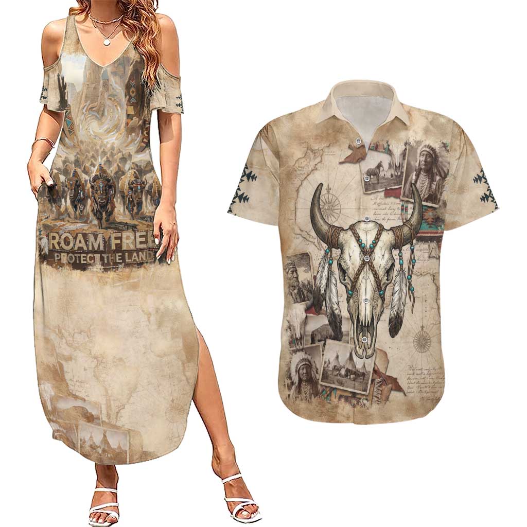 Buffalo Skull Couples Matching Summer Maxi Dress and Hawaiian Shirt Feathers Tribal Map and Historical Indigenous Native American Heritage Bison - Wonder Print Shop