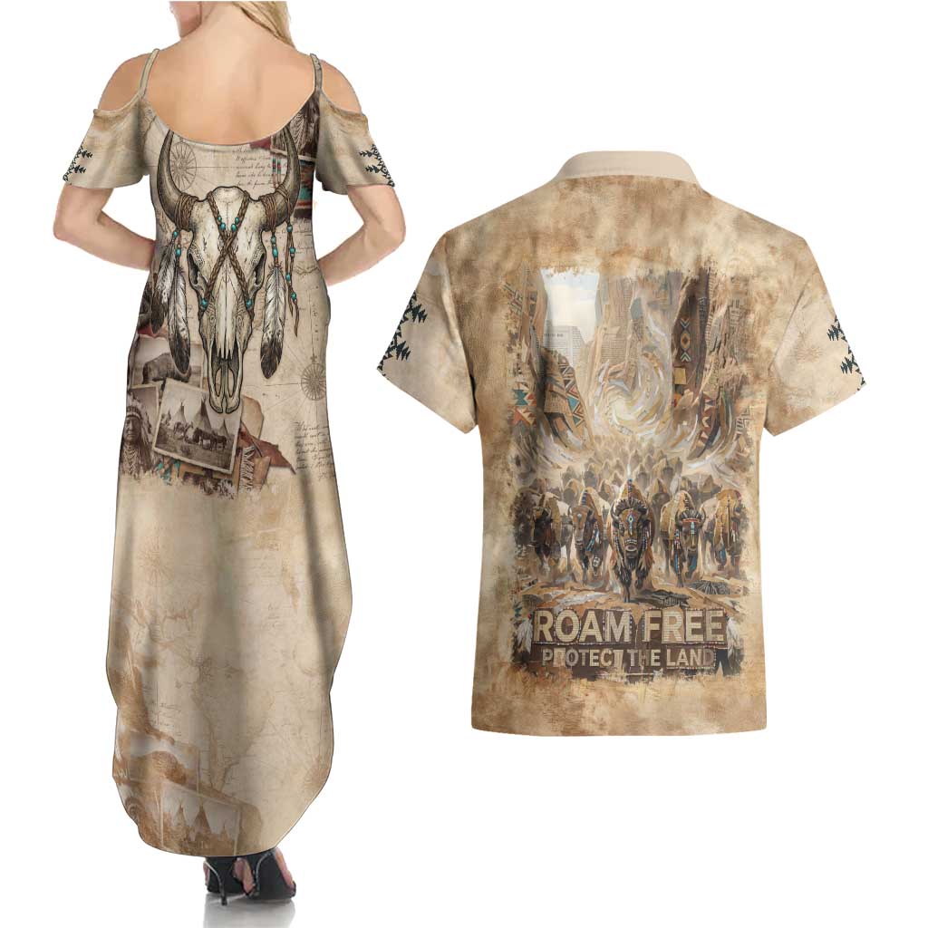Buffalo Skull Couples Matching Summer Maxi Dress and Hawaiian Shirt Feathers Tribal Map and Historical Indigenous Native American Heritage Bison - Wonder Print Shop