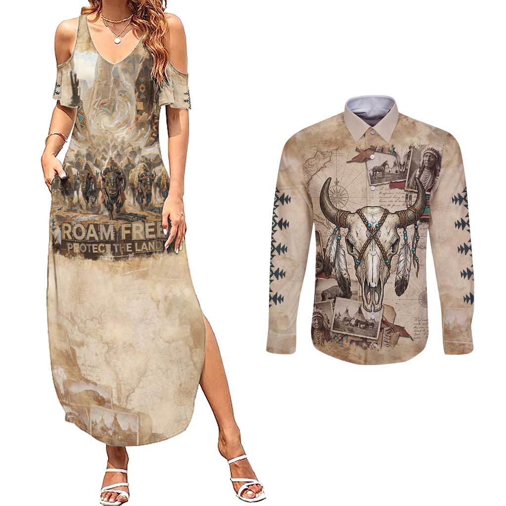 Buffalo Skull Couples Matching Summer Maxi Dress and Long Sleeve Button Shirt Feathers Tribal Map and Historical Indigenous Native American Heritage Bison - Wonder Print Shop