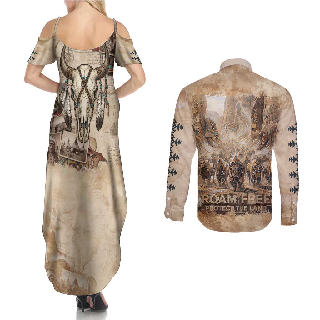 Buffalo Skull Couples Matching Summer Maxi Dress and Long Sleeve Button Shirt Feathers Tribal Map and Historical Indigenous Native American Heritage Bison - Wonder Print Shop