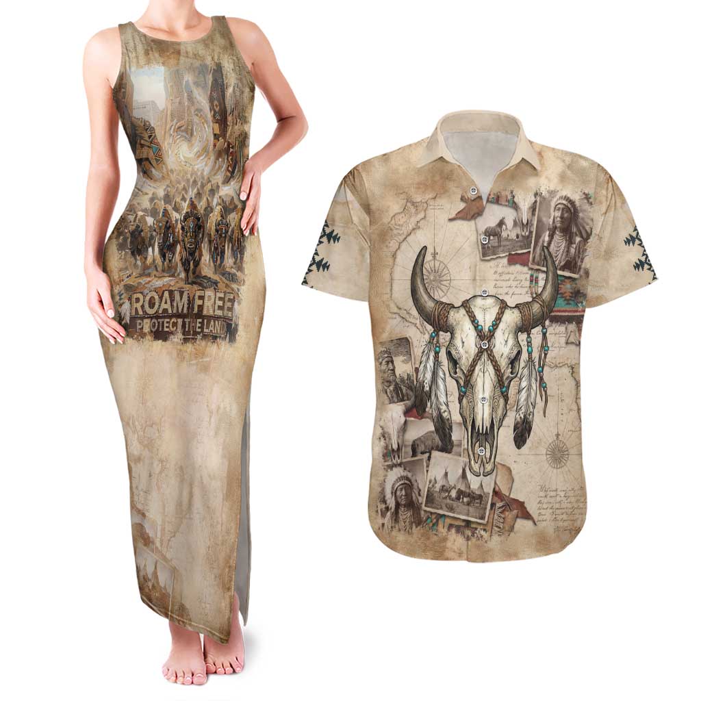 Buffalo Skull Couples Matching Tank Maxi Dress and Hawaiian Shirt Feathers Tribal Map and Historical Indigenous Native American Heritage Bison - Wonder Print Shop