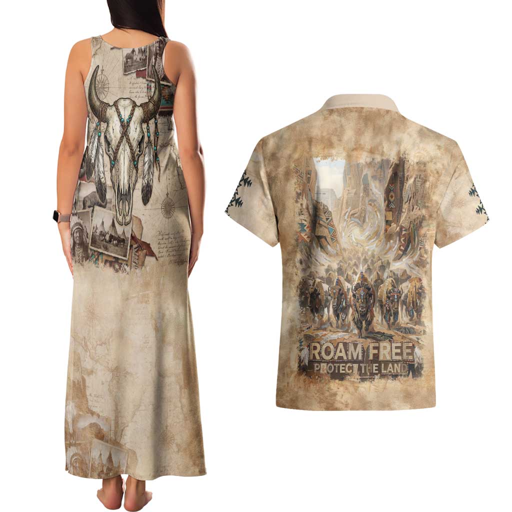 Buffalo Skull Couples Matching Tank Maxi Dress and Hawaiian Shirt Feathers Tribal Map and Historical Indigenous Native American Heritage Bison - Wonder Print Shop