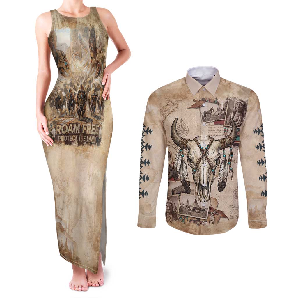 Buffalo Skull Couples Matching Tank Maxi Dress and Long Sleeve Button Shirt Feathers Tribal Map and Historical Indigenous Native American Heritage Bison - Wonder Print Shop