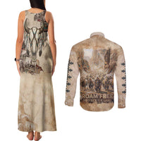 Buffalo Skull Couples Matching Tank Maxi Dress and Long Sleeve Button Shirt Feathers Tribal Map and Historical Indigenous Native American Heritage Bison - Wonder Print Shop
