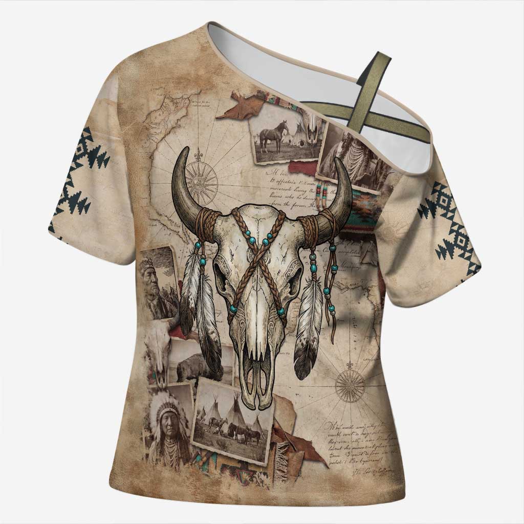 Buffalo Skull Cross Shoulder Shirt Feathers Tribal Map and Historical Indigenous Native American Heritage Bison - Wonder Print Shop