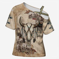 Buffalo Skull Cross Shoulder Shirt Feathers Tribal Map and Historical Indigenous Native American Heritage Bison - Wonder Print Shop