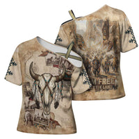 Buffalo Skull Cross Shoulder Shirt Feathers Tribal Map and Historical Indigenous Native American Heritage Bison - Wonder Print Shop