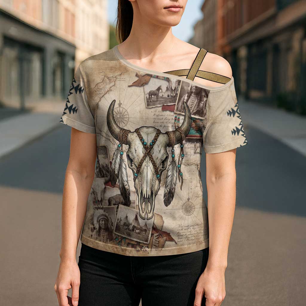 Buffalo Skull Cross Shoulder Shirt Feathers Tribal Map and Historical Indigenous Native American Heritage Bison - Wonder Print Shop