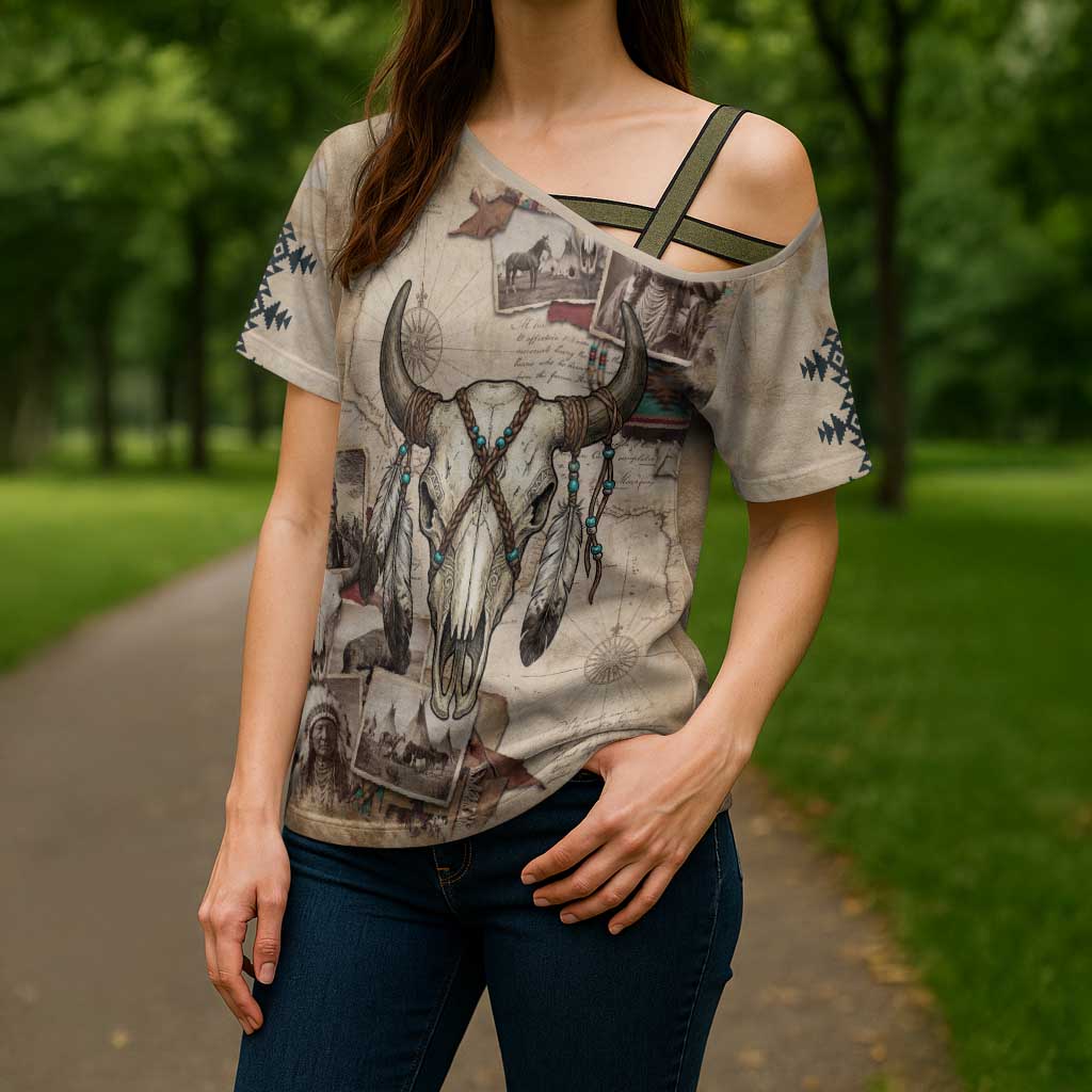 Buffalo Skull Cross Shoulder Shirt Feathers Tribal Map and Historical Indigenous Native American Heritage Bison - Wonder Print Shop