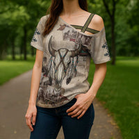 Buffalo Skull Cross Shoulder Shirt Feathers Tribal Map and Historical Indigenous Native American Heritage Bison - Wonder Print Shop