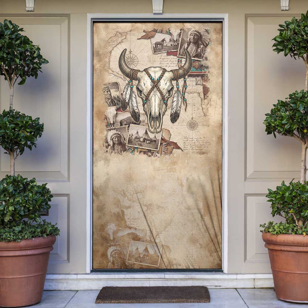 Buffalo Skull Door Cover Feathers Tribal Map and Historical Indigenous Native American Heritage Bison - Wonder Print Shop