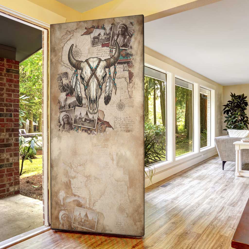 Buffalo Skull Door Cover Feathers Tribal Map and Historical Indigenous Native American Heritage Bison - Wonder Print Shop