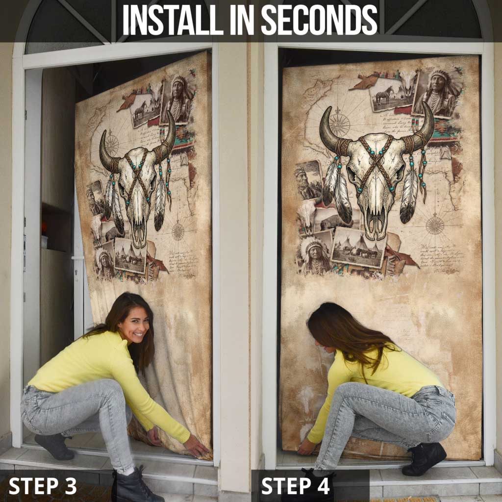 Buffalo Skull Door Cover Feathers Tribal Map and Historical Indigenous Native American Heritage Bison - Wonder Print Shop