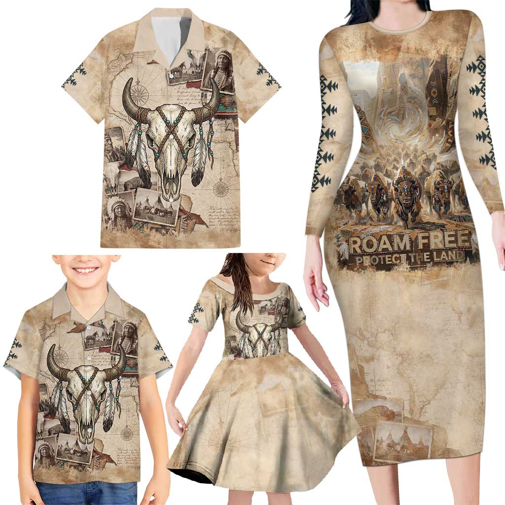 Buffalo Skull Family Matching Long Sleeve Bodycon Dress and Hawaiian Shirt Feathers Tribal Map and Historical Indigenous Native American Heritage Bison - Wonder Print Shop