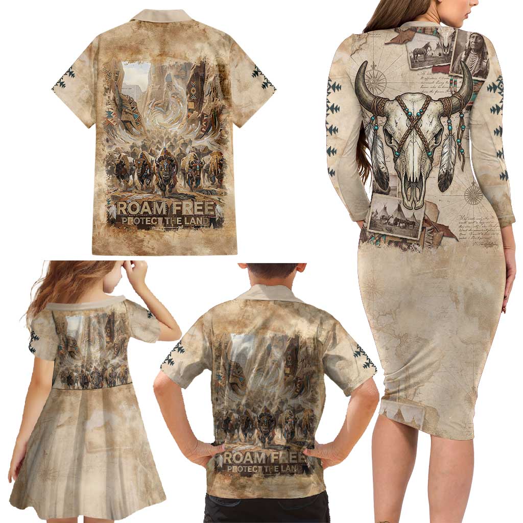 Buffalo Skull Family Matching Long Sleeve Bodycon Dress and Hawaiian Shirt Feathers Tribal Map and Historical Indigenous Native American Heritage Bison - Wonder Print Shop