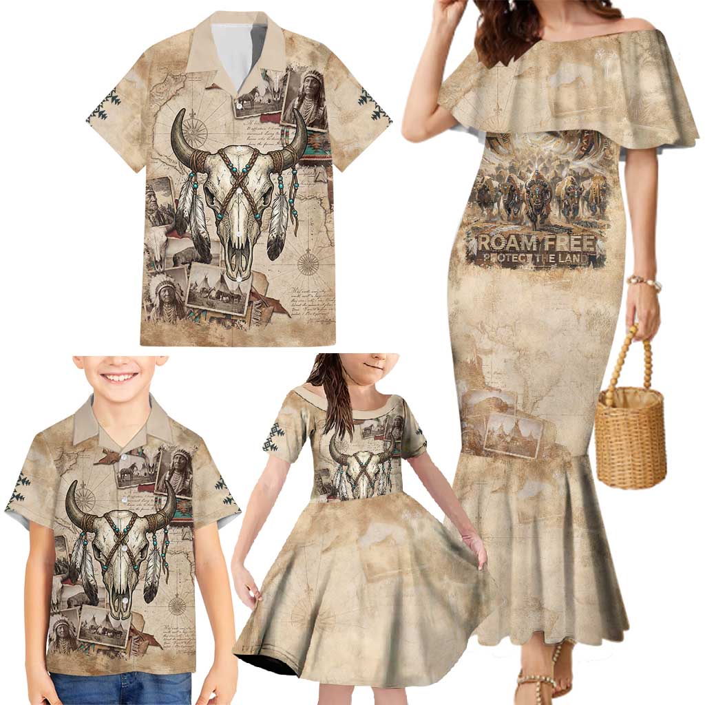 Buffalo Skull Family Matching Mermaid Dress and Hawaiian Shirt Feathers Tribal Map and Historical Indigenous Native American Heritage Bison - Wonder Print Shop