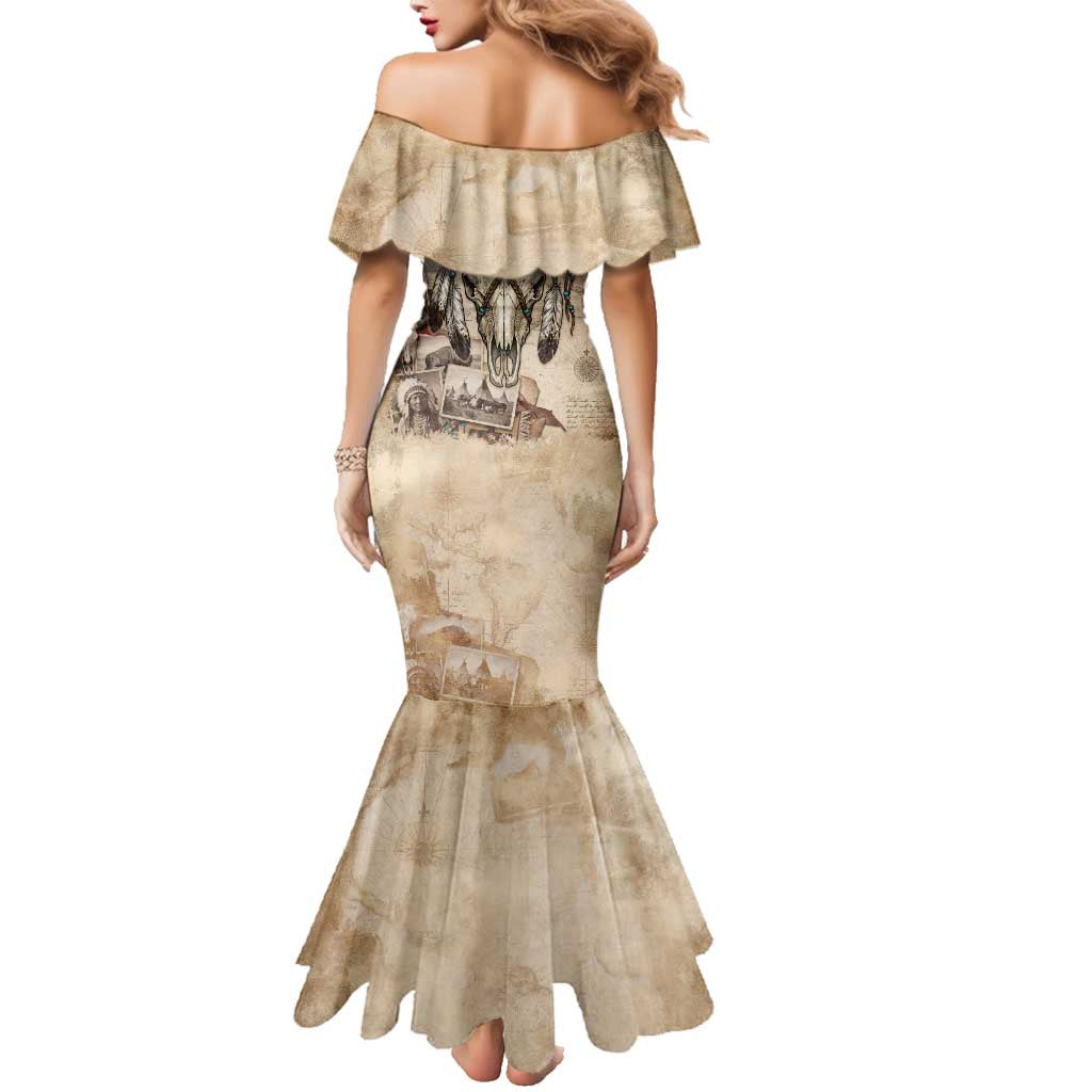 Buffalo Skull Family Matching Mermaid Dress and Hawaiian Shirt Feathers Tribal Map and Historical Indigenous Native American Heritage Bison - Wonder Print Shop