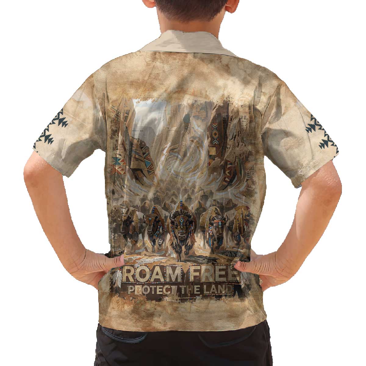 Buffalo Skull Family Matching Off The Shoulder Long Sleeve Dress and Hawaiian Shirt Feathers Tribal Map and Historical Indigenous Native American Heritage Bison - Wonder Print Shop