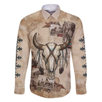 Buffalo Skull Family Matching Off The Shoulder Long Sleeve Dress and Hawaiian Shirt Feathers Tribal Map and Historical Indigenous Native American Heritage Bison - Wonder Print Shop