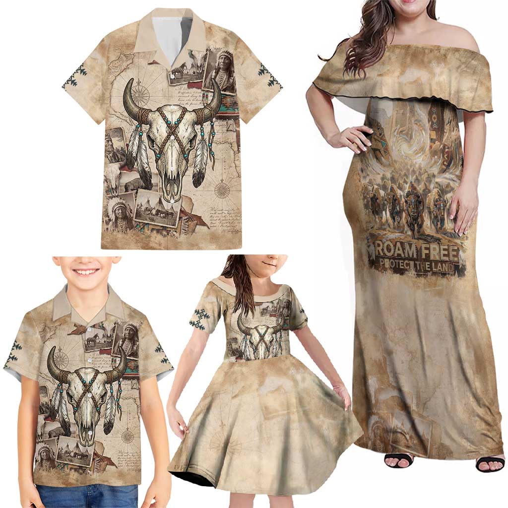 Buffalo Skull Family Matching Off Shoulder Maxi Dress and Hawaiian Shirt Feathers Tribal Map and Historical Indigenous Native American Heritage Bison - Wonder Print Shop