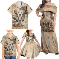Buffalo Skull Family Matching Off Shoulder Maxi Dress and Hawaiian Shirt Feathers Tribal Map and Historical Indigenous Native American Heritage Bison - Wonder Print Shop