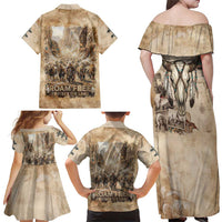 Buffalo Skull Family Matching Off Shoulder Maxi Dress and Hawaiian Shirt Feathers Tribal Map and Historical Indigenous Native American Heritage Bison - Wonder Print Shop