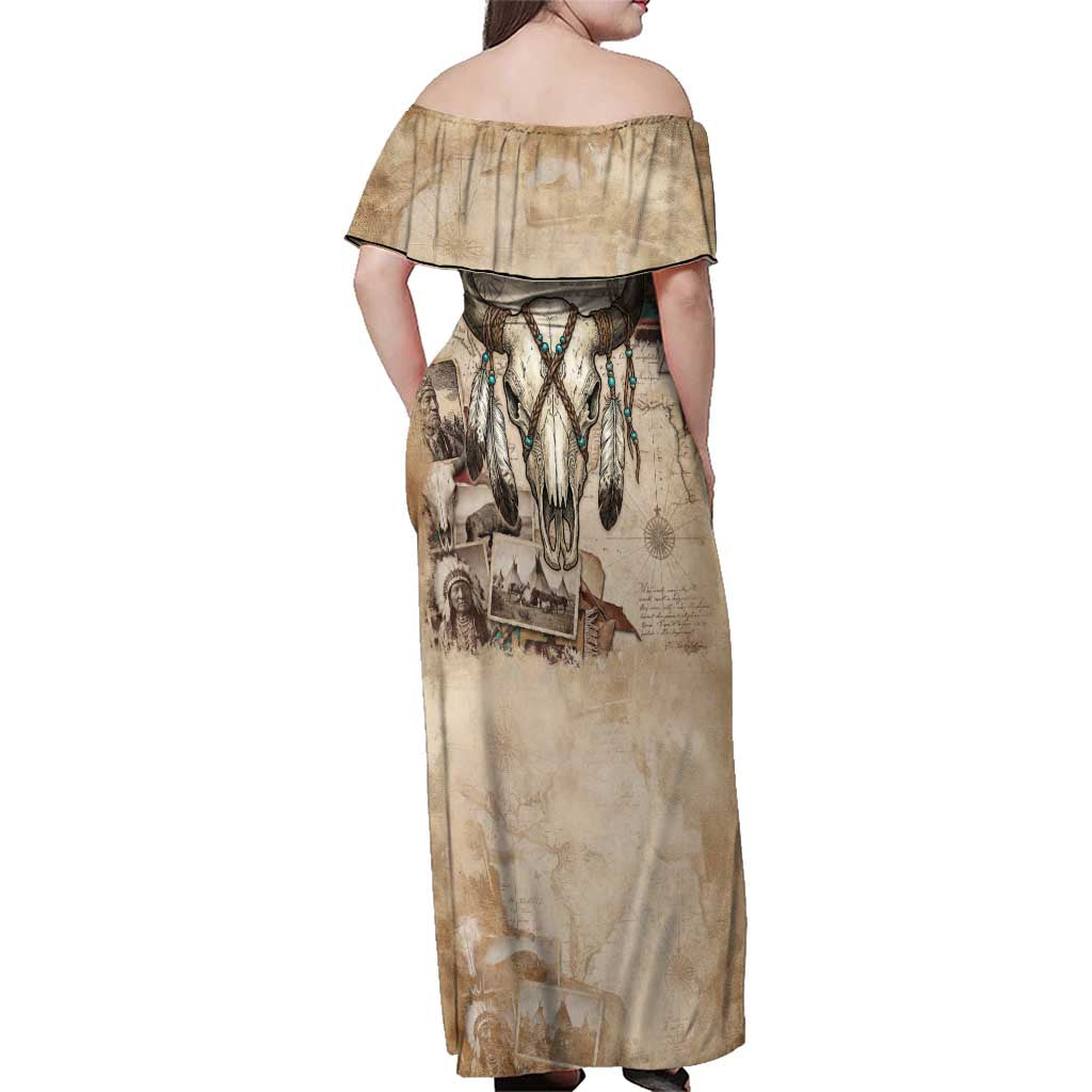 Buffalo Skull Family Matching Off Shoulder Maxi Dress and Hawaiian Shirt Feathers Tribal Map and Historical Indigenous Native American Heritage Bison - Wonder Print Shop