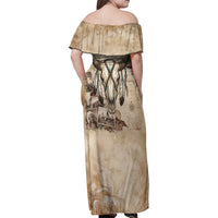 Buffalo Skull Family Matching Off Shoulder Maxi Dress and Hawaiian Shirt Feathers Tribal Map and Historical Indigenous Native American Heritage Bison - Wonder Print Shop