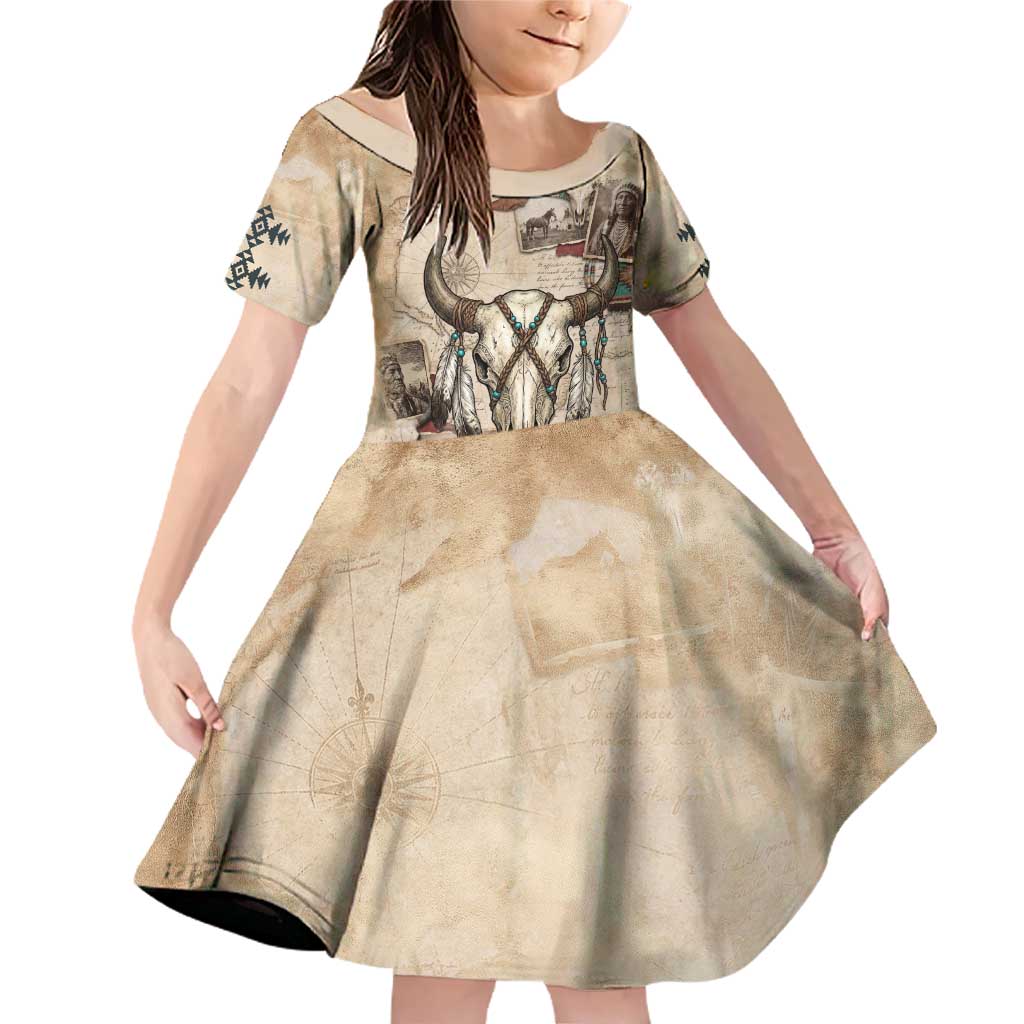 Buffalo Skull Family Matching Off Shoulder Short Dress and Hawaiian Shirt Feathers Tribal Map and Historical Indigenous Native American Heritage Bison - Wonder Print Shop