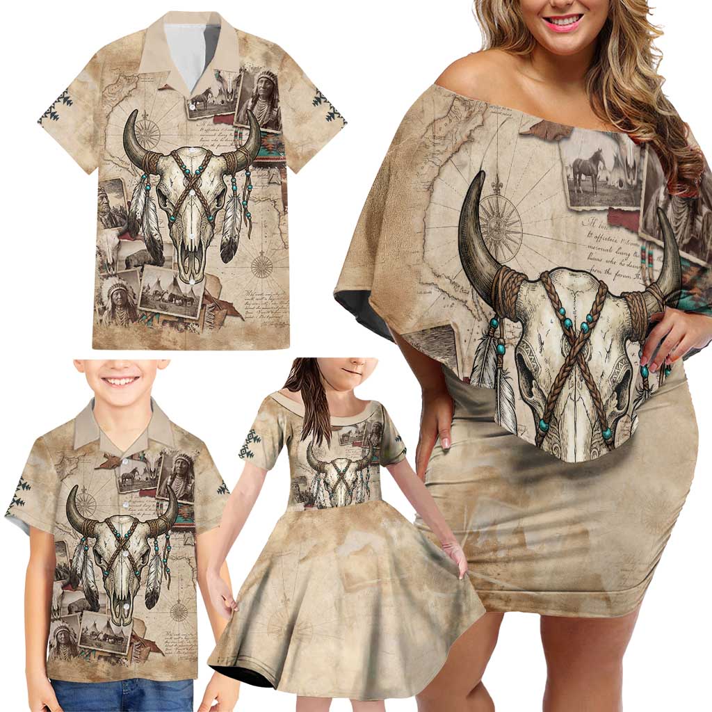 Buffalo Skull Family Matching Off Shoulder Short Dress and Hawaiian Shirt Feathers Tribal Map and Historical Indigenous Native American Heritage Bison - Wonder Print Shop