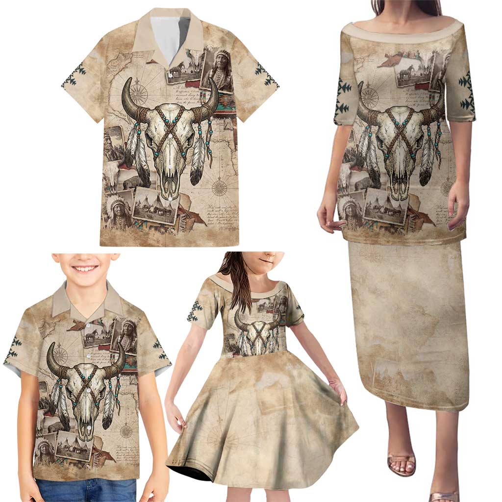 Buffalo Skull Family Matching Puletasi and Hawaiian Shirt Feathers Tribal Map and Historical Indigenous Native American Heritage Bison - Wonder Print Shop