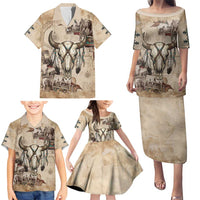 Buffalo Skull Family Matching Puletasi and Hawaiian Shirt Feathers Tribal Map and Historical Indigenous Native American Heritage Bison - Wonder Print Shop