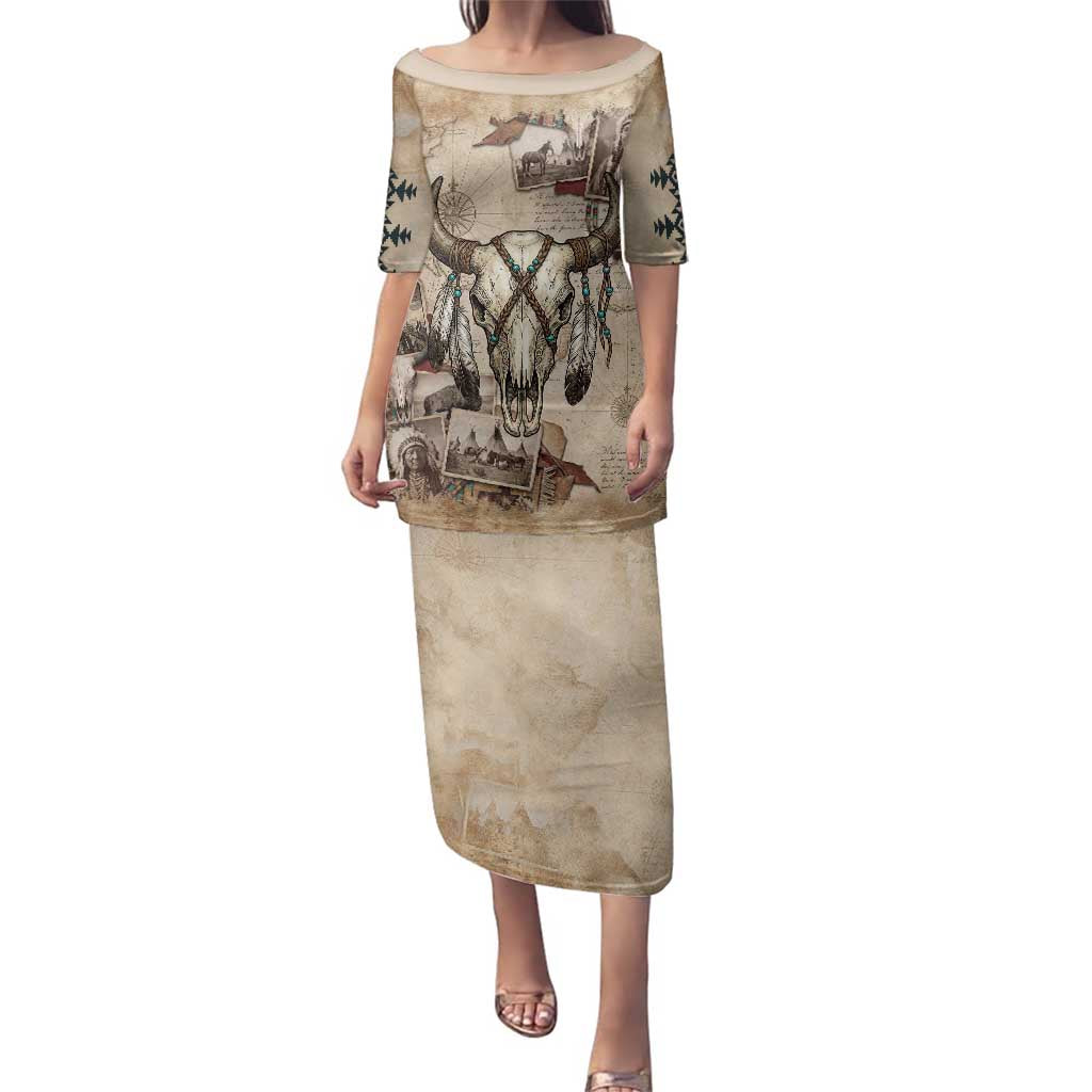 Buffalo Skull Family Matching Puletasi and Hawaiian Shirt Feathers Tribal Map and Historical Indigenous Native American Heritage Bison - Wonder Print Shop