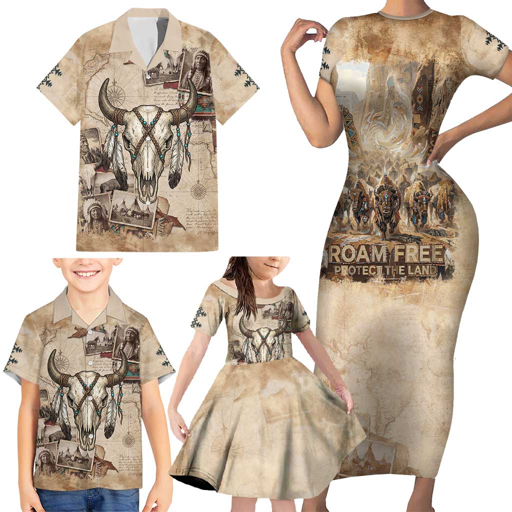 Buffalo Skull Family Matching Short Sleeve Bodycon Dress and Hawaiian Shirt Feathers Tribal Map and Historical Indigenous Native American Heritage Bison - Wonder Print Shop