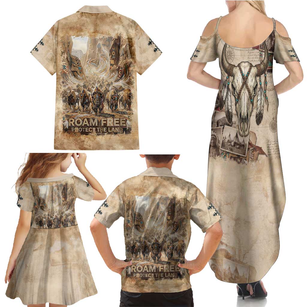 Buffalo Skull Family Matching Summer Maxi Dress and Hawaiian Shirt Feathers Tribal Map and Historical Indigenous Native American Heritage Bison - Wonder Print Shop