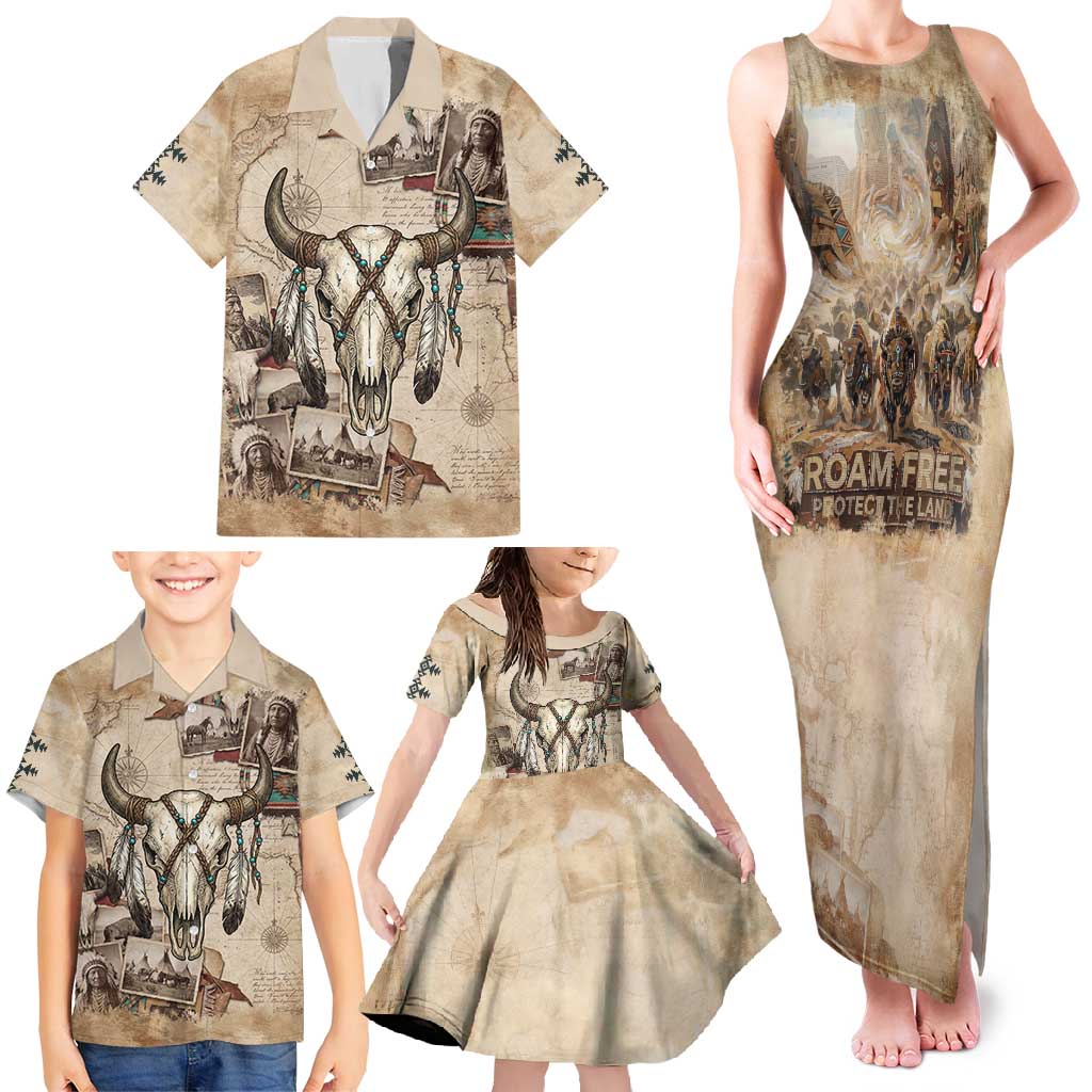 Buffalo Skull Family Matching Tank Maxi Dress and Hawaiian Shirt Feathers Tribal Map and Historical Indigenous Native American Heritage Bison - Wonder Print Shop