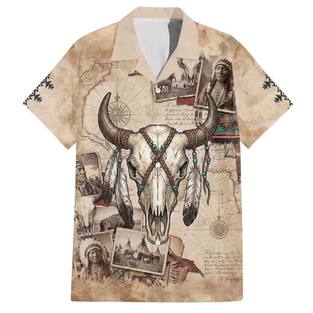 Buffalo Skull Family Matching Tank Maxi Dress and Hawaiian Shirt Feathers Tribal Map and Historical Indigenous Native American Heritage Bison - Wonder Print Shop