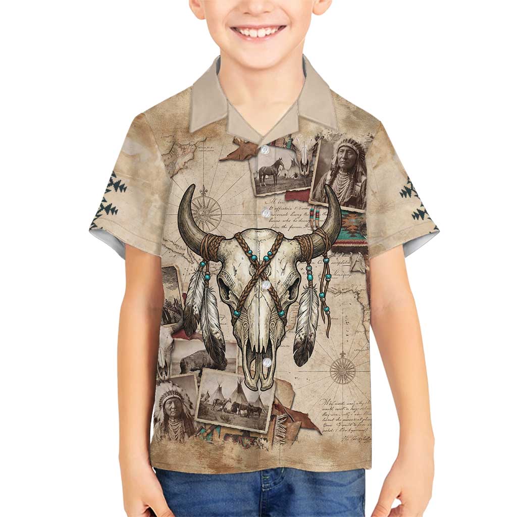 Buffalo Skull Family Matching Tank Maxi Dress and Hawaiian Shirt Feathers Tribal Map and Historical Indigenous Native American Heritage Bison - Wonder Print Shop
