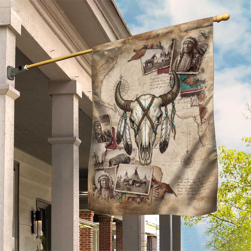 Buffalo Skull Garden Flag Feathers Tribal Map and Historical Indigenous Native American Heritage Bison - Wonder Print Shop
