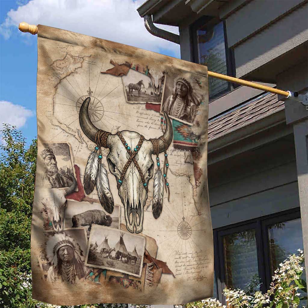 Buffalo Skull Garden Flag Feathers Tribal Map and Historical Indigenous Native American Heritage Bison - Wonder Print Shop
