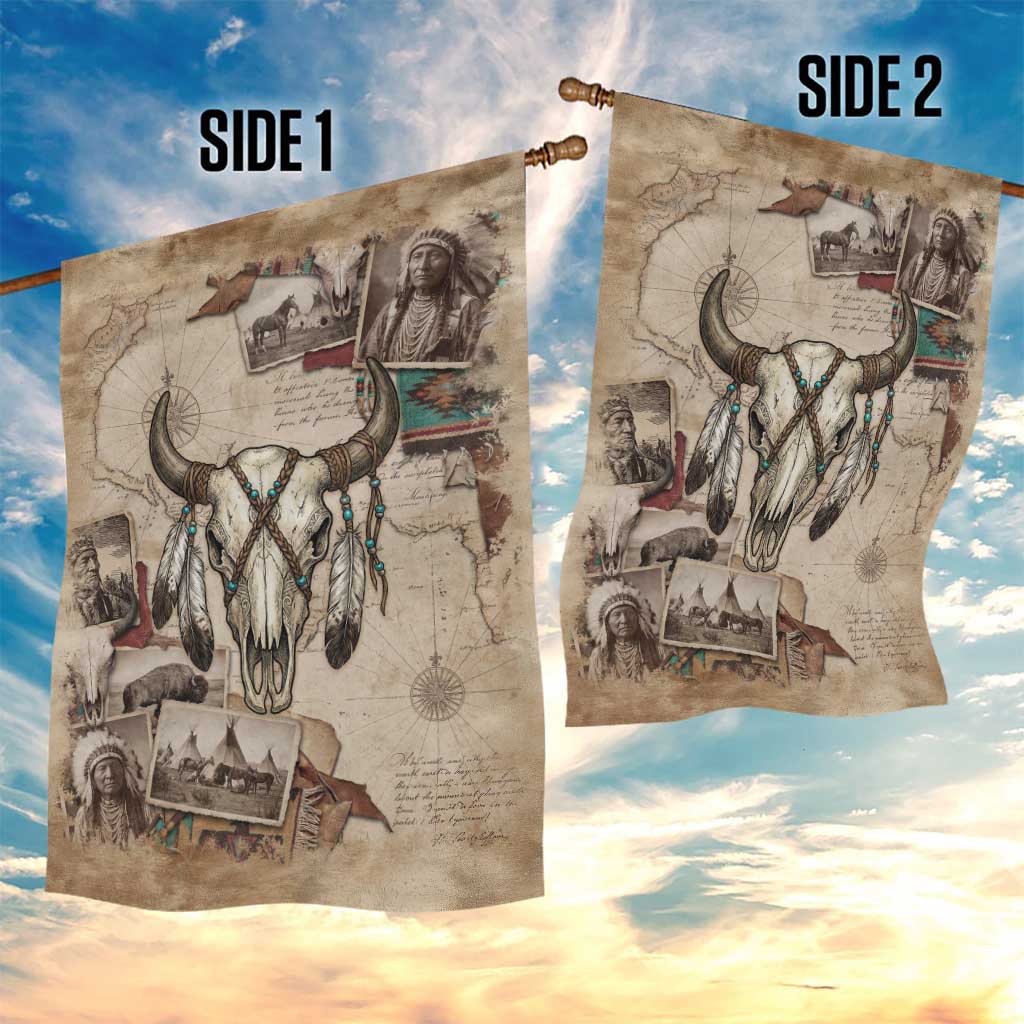 Buffalo Skull Garden Flag Feathers Tribal Map and Historical Indigenous Native American Heritage Bison - Wonder Print Shop