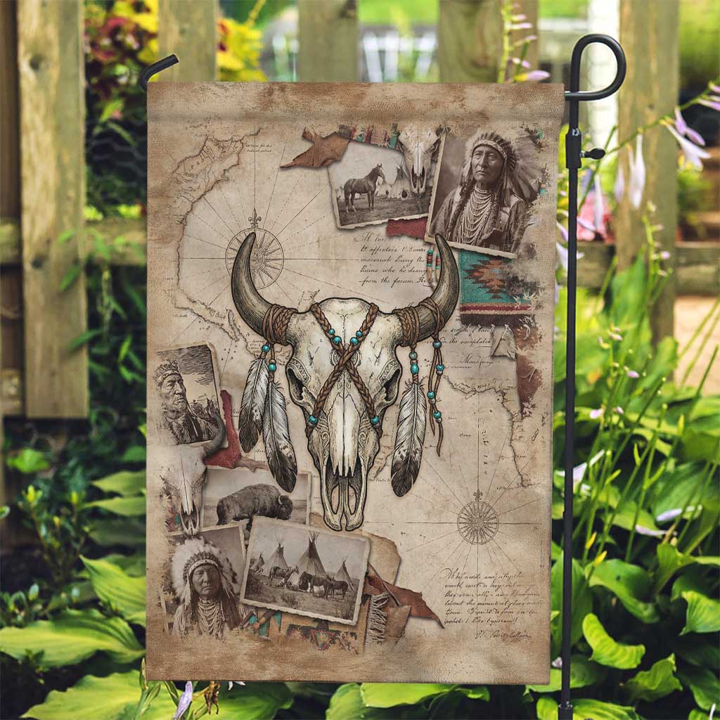 Buffalo Skull Garden Flag Feathers Tribal Map and Historical Indigenous Native American Heritage Bison - Wonder Print Shop