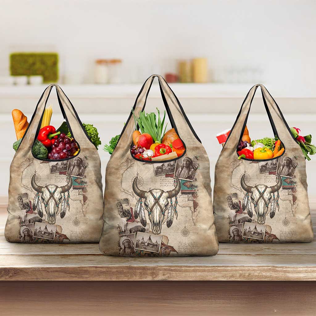 Buffalo Skull Grocery Bag Feathers Tribal Map and Historical Indigenous Native American Heritage Bison - Wonder Print Shop