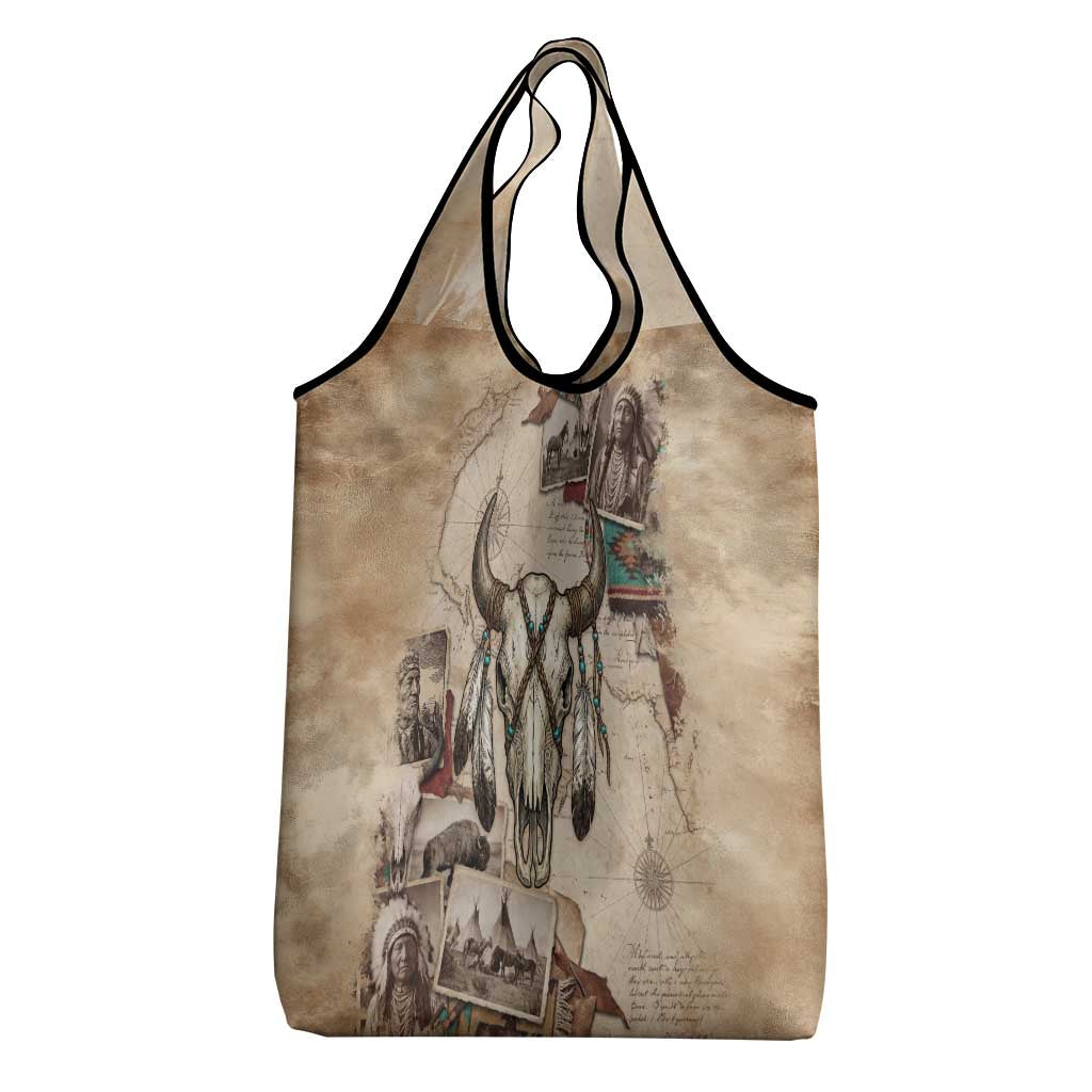 Buffalo Skull Grocery Bag Feathers Tribal Map and Historical Indigenous Native American Heritage Bison - Wonder Print Shop