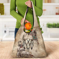 Buffalo Skull Grocery Bag Feathers Tribal Map and Historical Indigenous Native American Heritage Bison - Wonder Print Shop