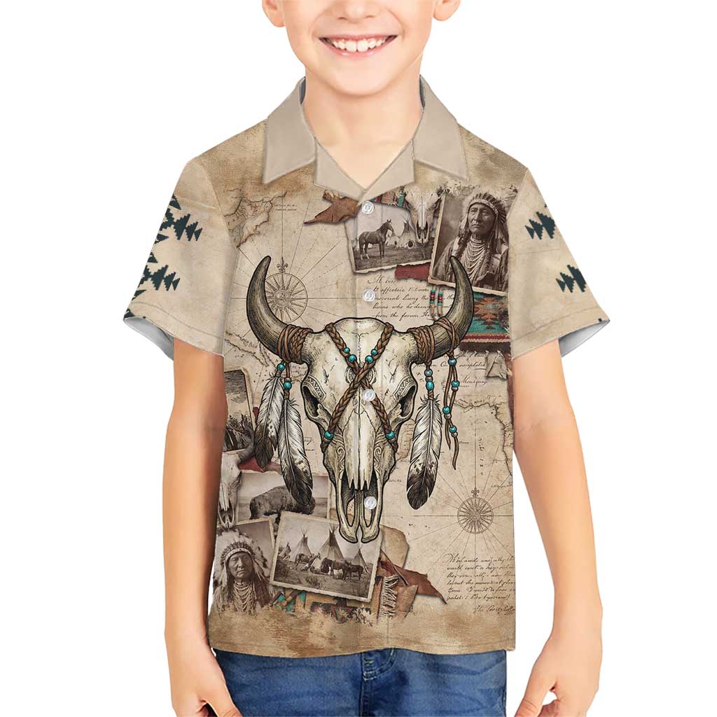 Buffalo Skull Hawaiian Shirt Feathers Tribal Map and Historical Indigenous Native American Heritage Bison - Wonder Print Shop