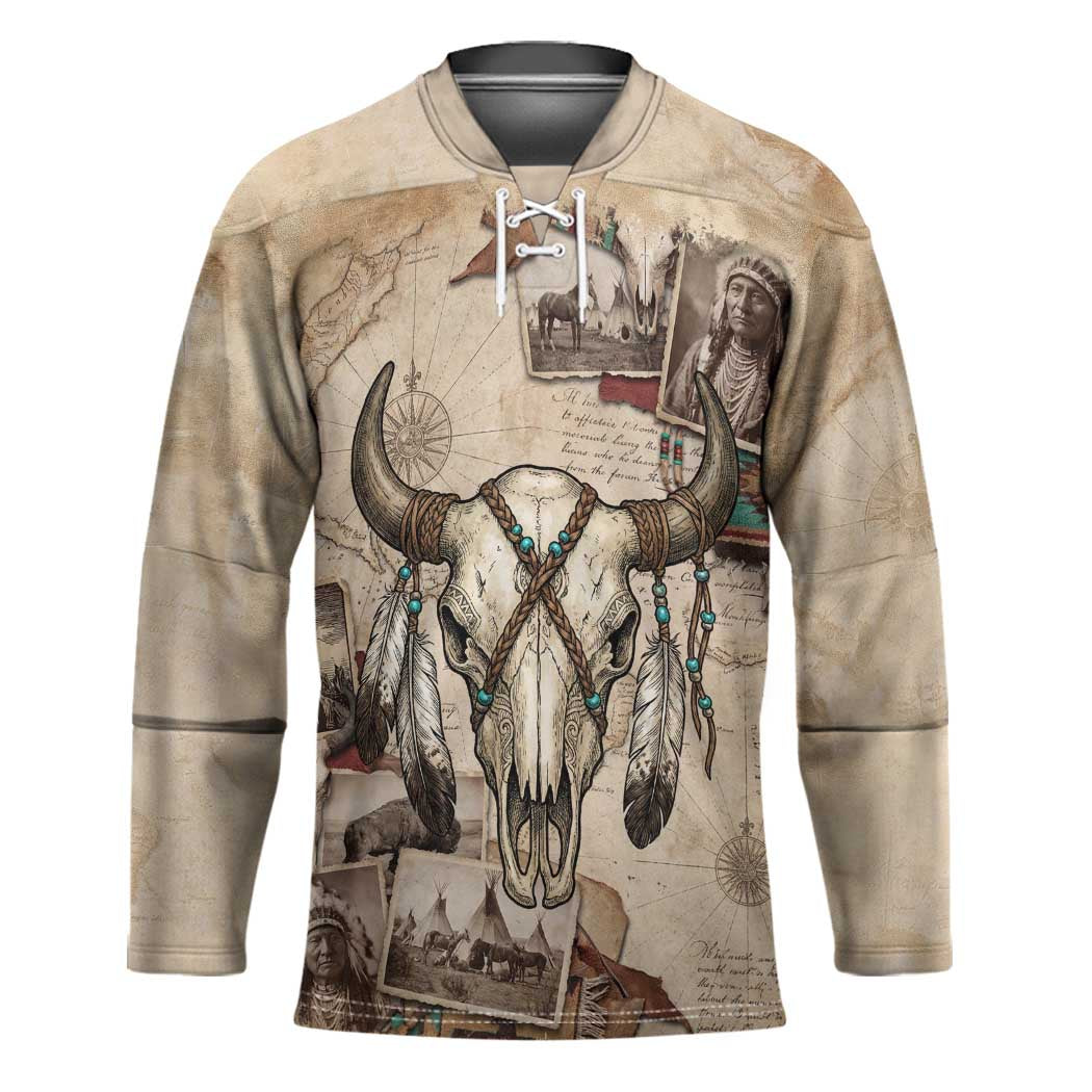 Buffalo Skull Hockey Jersey Feathers Tribal Map and Historical Indigenous Native American Heritage Bison - Wonder Print Shop